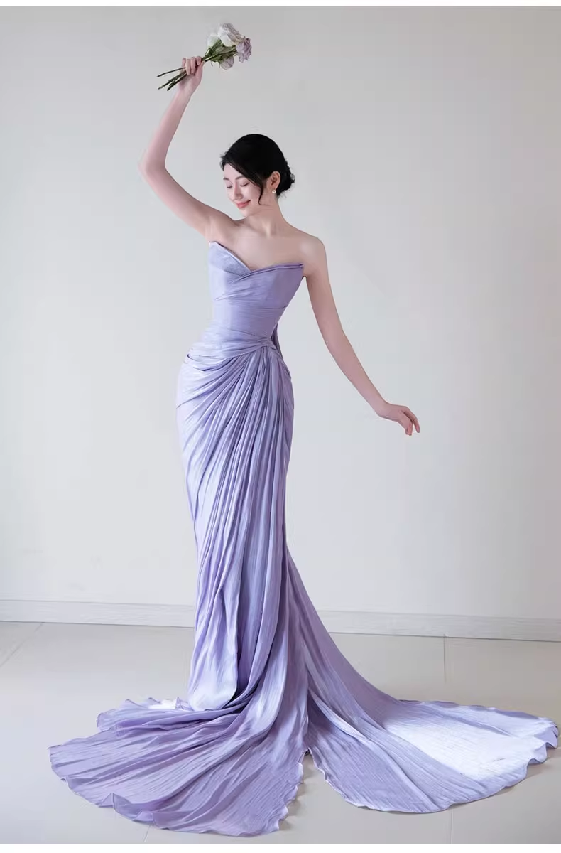 Ethereal Lilac Strapless Prom Dress Sheath High Slit Pleated Evening Gown DP7096