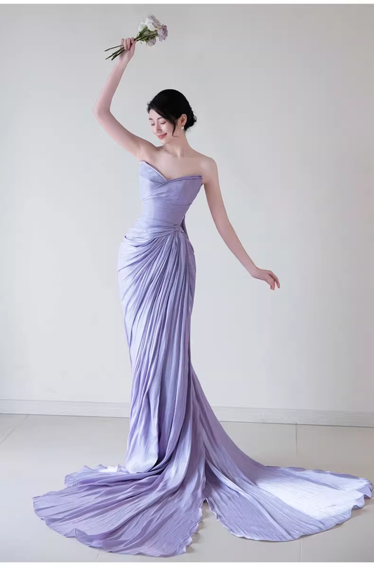 Ethereal Lilac Strapless Prom Dress Sheath High Slit Pleated Evening Gown DP7096