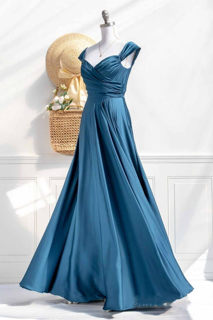 Elegant Teal Off-the-Shoulder Satin A-Line Evening Gown DP8475