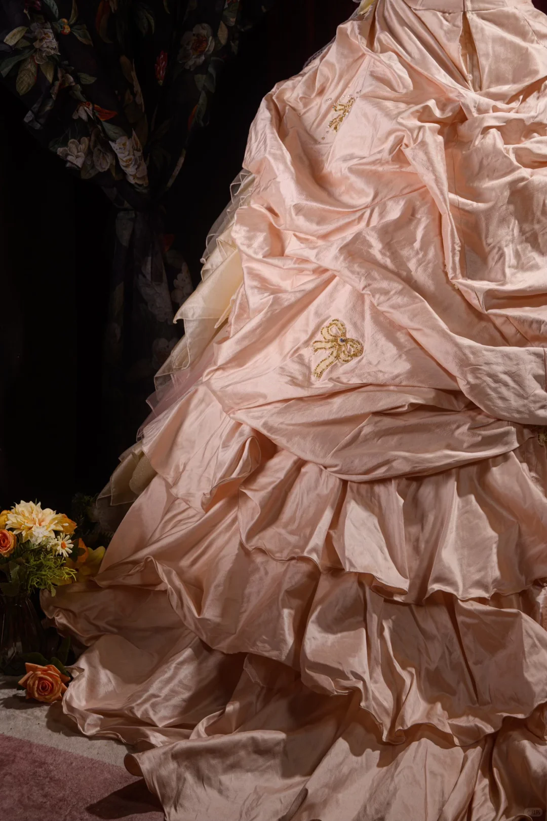 Elegant Pink Strapless Ruffled Tiered Gold Beaded Embroidery Sweet 16 Quinceanera Ball Gown DP7411