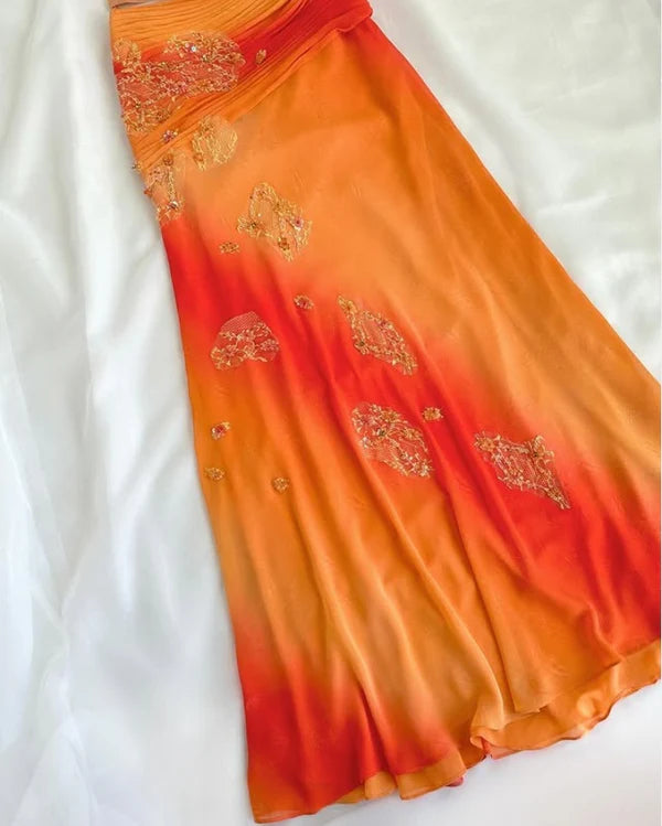 Vintage Orange Ombre Sweetheart A-Line Two Pieces Prom Dress Beaded Chiffon Spaghetti Strap Formal Dress, DP6549