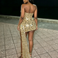 Sexy, goldfarbenes Pailletten-Minikleid mit tiefem V-Ausschnitt, trägerlos und hohem Schlitz für den Abschlussball DP2373