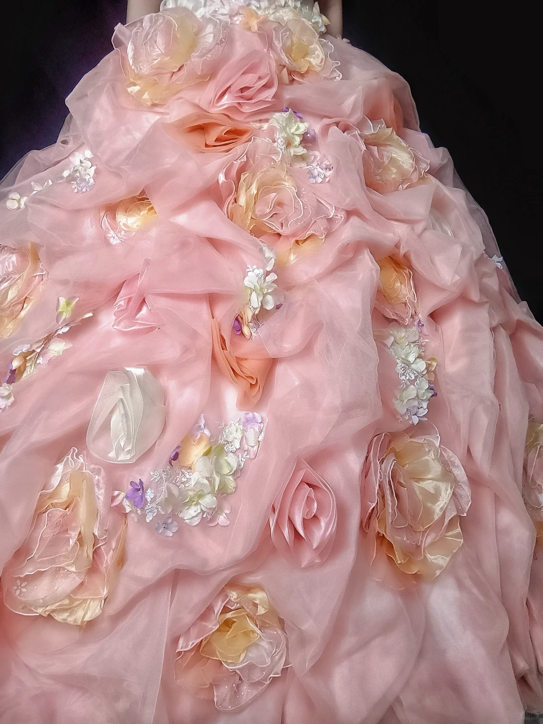 Glamorous Pastel Rainbow 3D Floral Strapless Pink Ruffled Princess Sweet 16 Quinceanera Ball Gown DP7548