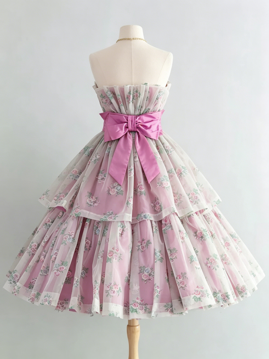 Vintage Strapless Floral Tiered Tulle Bow Detail Homecoming Dress DP8376