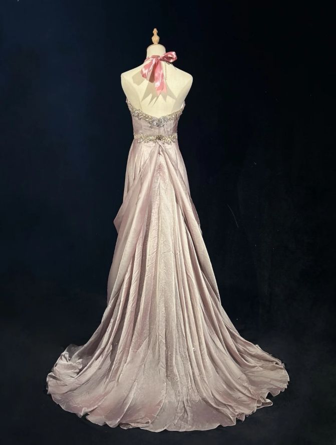 Elegant Pink Halter Neck Sweetheart Evening Gown A-Line Beaded Lace Prom Dress DP7965