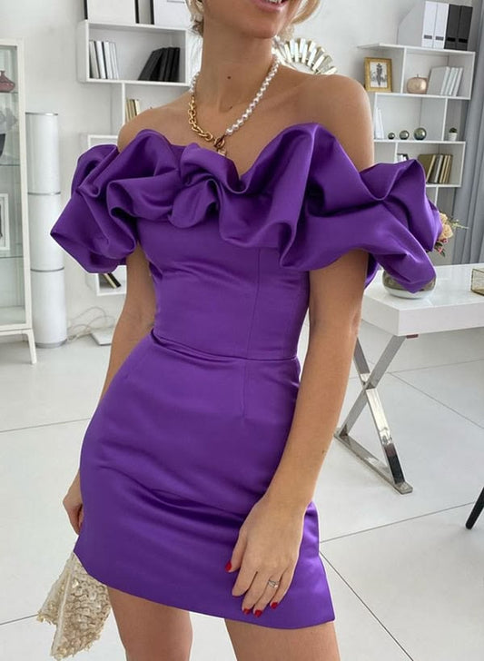 Vintage Purple Satin Off-Shoulder Ruffle Bodycon Homecoming Dress DP8546