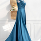 Elegant Teal Off-the-Shoulder Satin A-Line Evening Gown DP8475