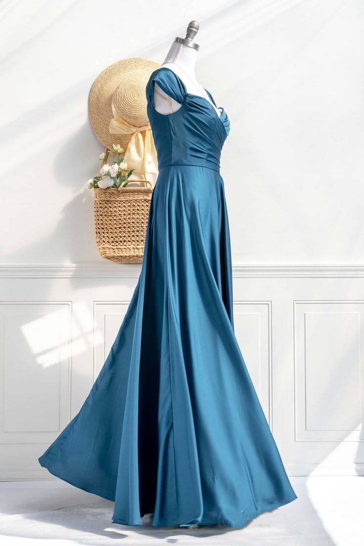 Elegant Teal Off-the-Shoulder Satin A-Line Evening Gown DP8475
