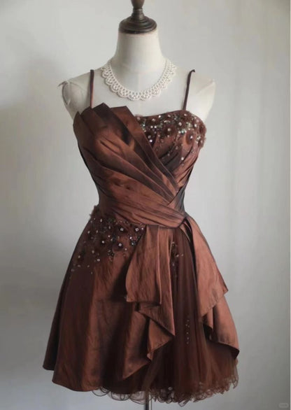Vintage Brown Beading Design A-line Spaghetti Strap Party Dresses Homecoming Dresses DP6105