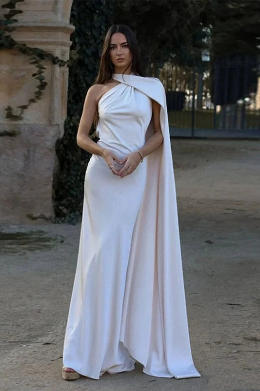 Vintage One-Shoulder Meerjungfrauen-Abendkleid aus Satin mit Cape und Schleppe DP8419