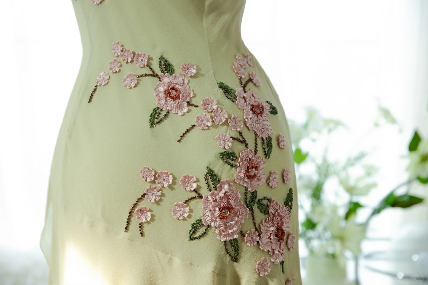 Vintage Light Green Spaghetti Strap Floral Design A-line Romantic Chiffon Evening Dress Prom Dress DP6027