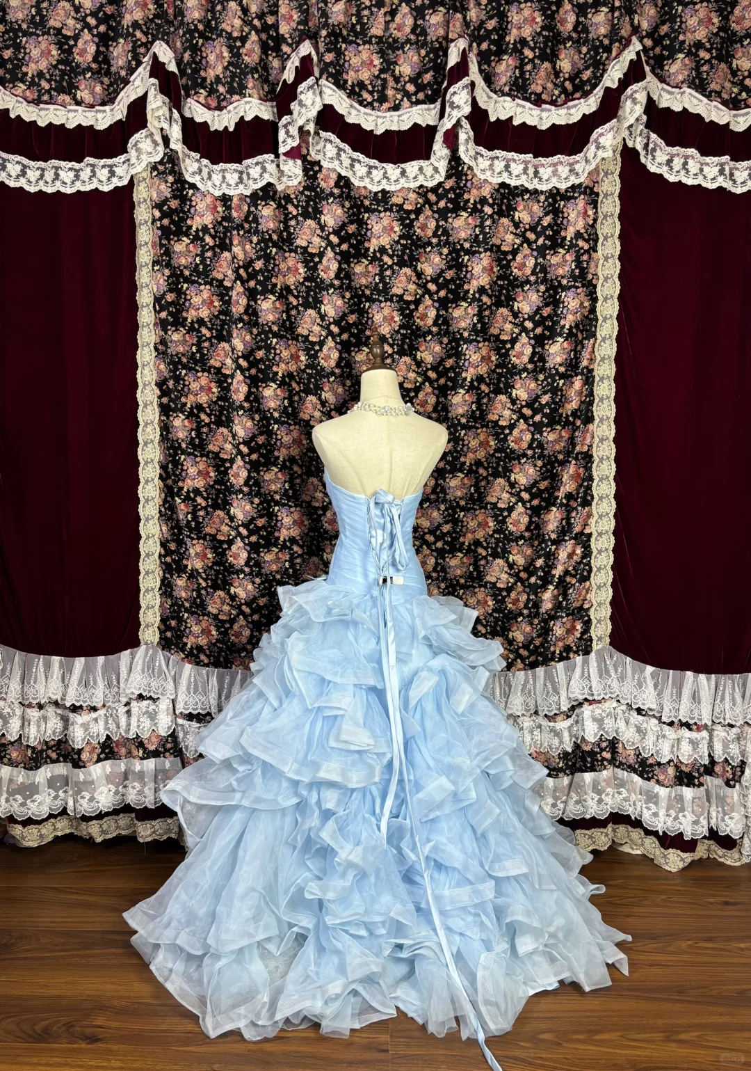 Vintage Light Blue Strapless Ruffled Tiered Floral A-Line Quinceañera Ball Gown DP7062