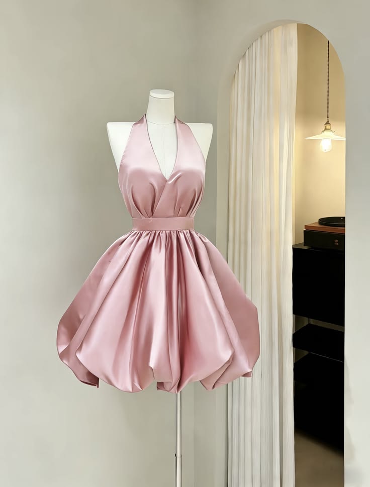Vintage Pink Satin Halter Neck Mini A-Line Homecoming Dress DP8549