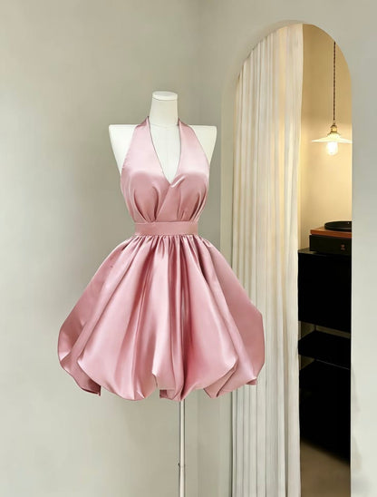Vintage Pink Satin Halter Neck Mini A-Line Homecoming Dress DP8549