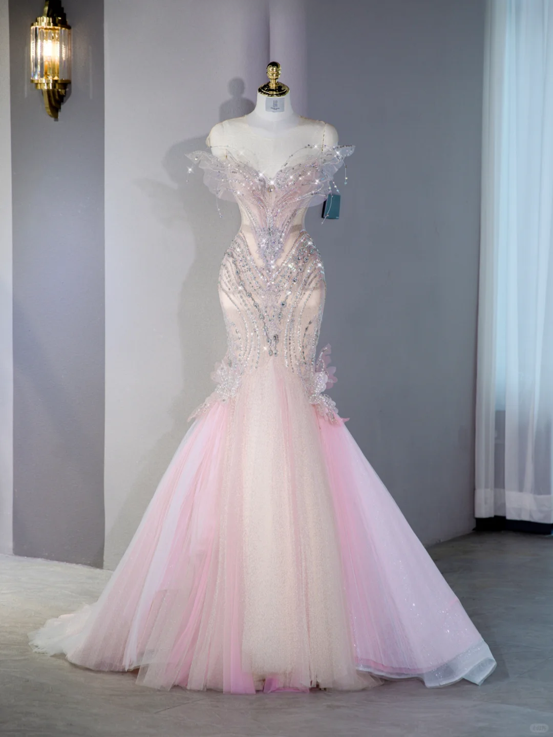 Glamorous Pink Ombre Tulle Mermaid Off-Shoulder Beaded Formal Ruffled Evening Gown DP7455