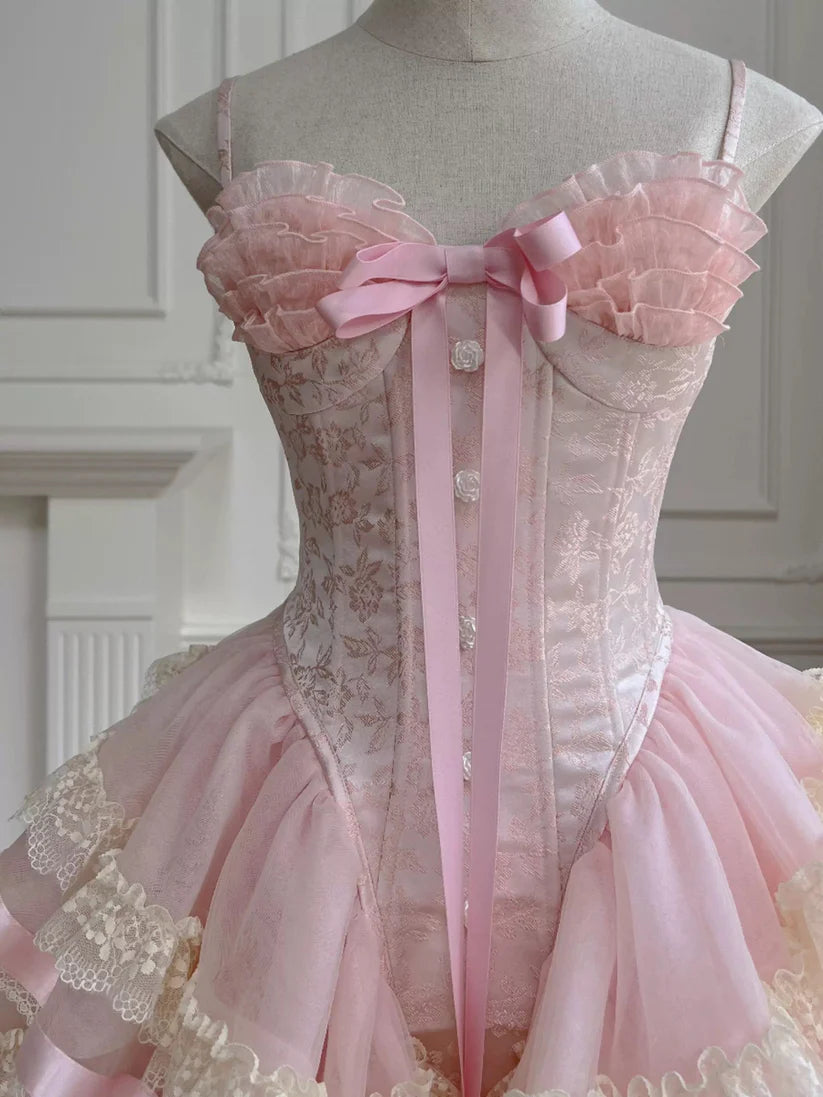 Cute Pink Tiered Lace Sweetheart Ruffled Bow Detail Spaghetti Strap Mini Homecoming Dress DP8490