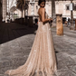 Shiny Glitter Deep V-Neck Tulle Prom Dress A-Line Spaghetti Straps Evening Dress DP8145