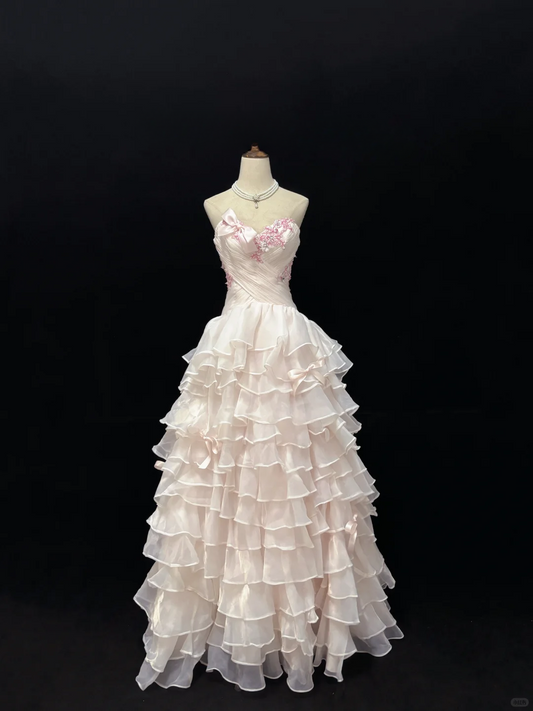 Chic Pink Strapless Floral Beaded Tiered Ruffles Sweet 16 Quinceanera Ball Gown DP7367