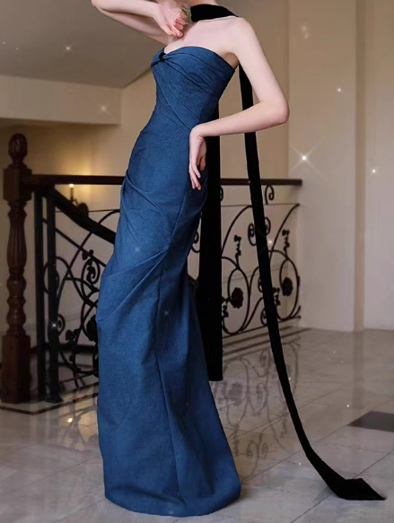 Vintage Navy Blue Sheath Prom Sweetheart Evening Gown Strapless Party Dress Long Formal Dress DP6992