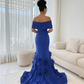 Robe de bal sirène vintage bleu roi à épaules dénudées avec traîne florale 3D DP8409