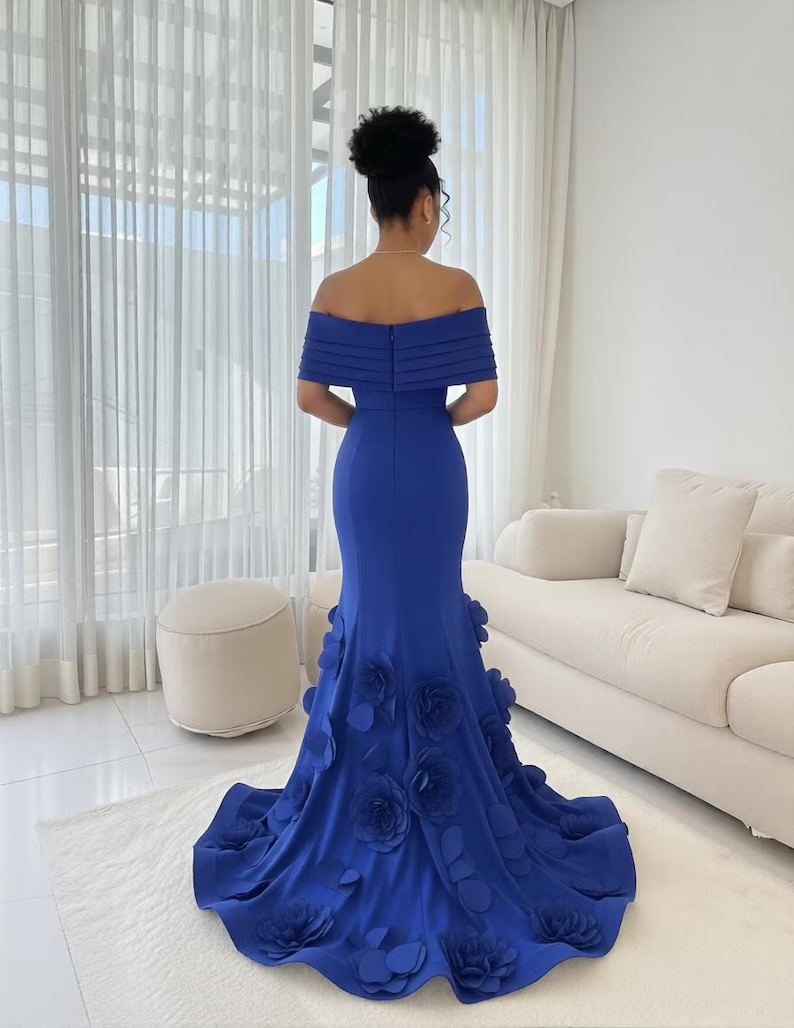 Robe de bal sirène vintage bleu roi à épaules dénudées avec traîne florale 3D DP8409