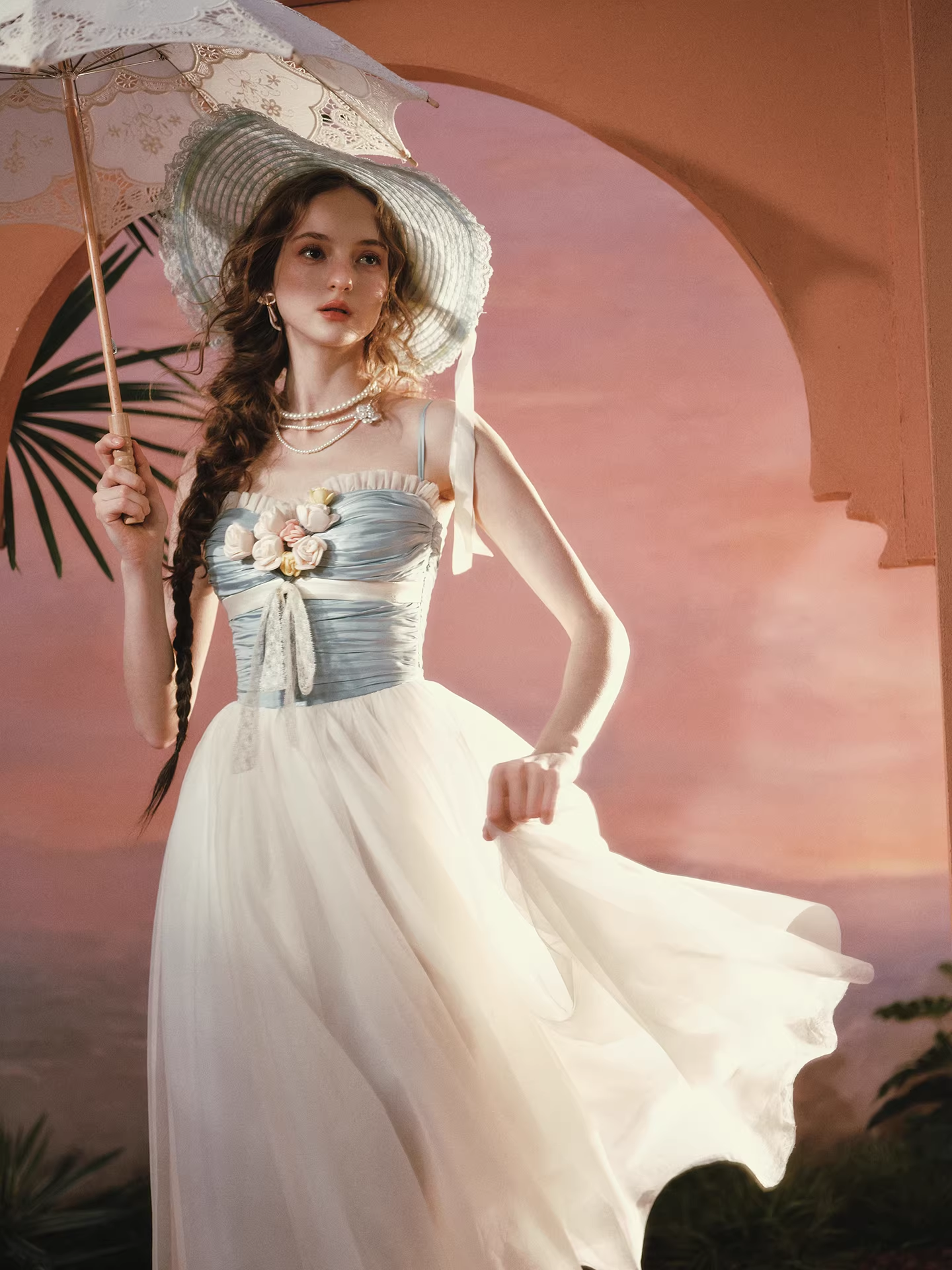 Vintage Dusty Blue & Ivory Bridesmaid Dress Spaghetti Strap Tulle Tea-Length Evening Gown DP7999