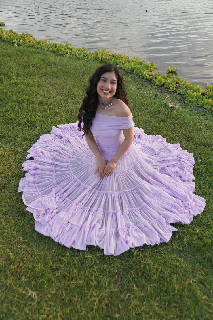 Elegant Lavender Off-the-Shoulder Tiered Tulle A-Line Prom Dress DP8457