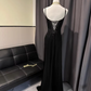 Elegant Black Satin Spaghetti Strap Ruched Bodice Evening Gown DP7401
