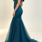 Elegant Teal Spaghetti Strap V-Neck Mermaid Floral Lace Beaded Tulle Formal Prom Dress DP8630