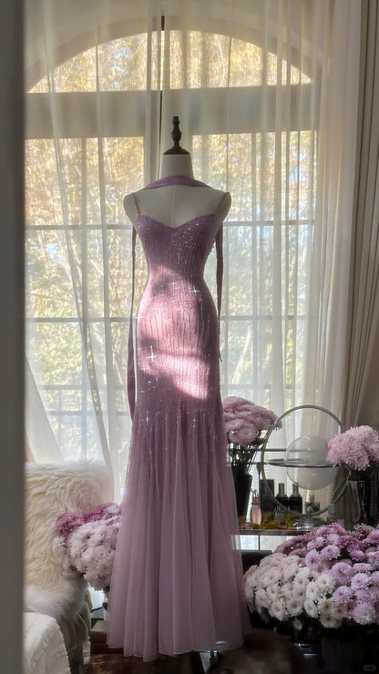 Retro Pink Sparkling Beaded Mermaid Chiffon Ball Gown Evening Dress Prom Dress, DP5977