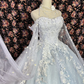 Glamorous Pastel Blue Applique Tulle Lace Beaded Off-the-Shoulder Sheer Cape Sweet 16 Quinceanera Ball Gown DP7348
