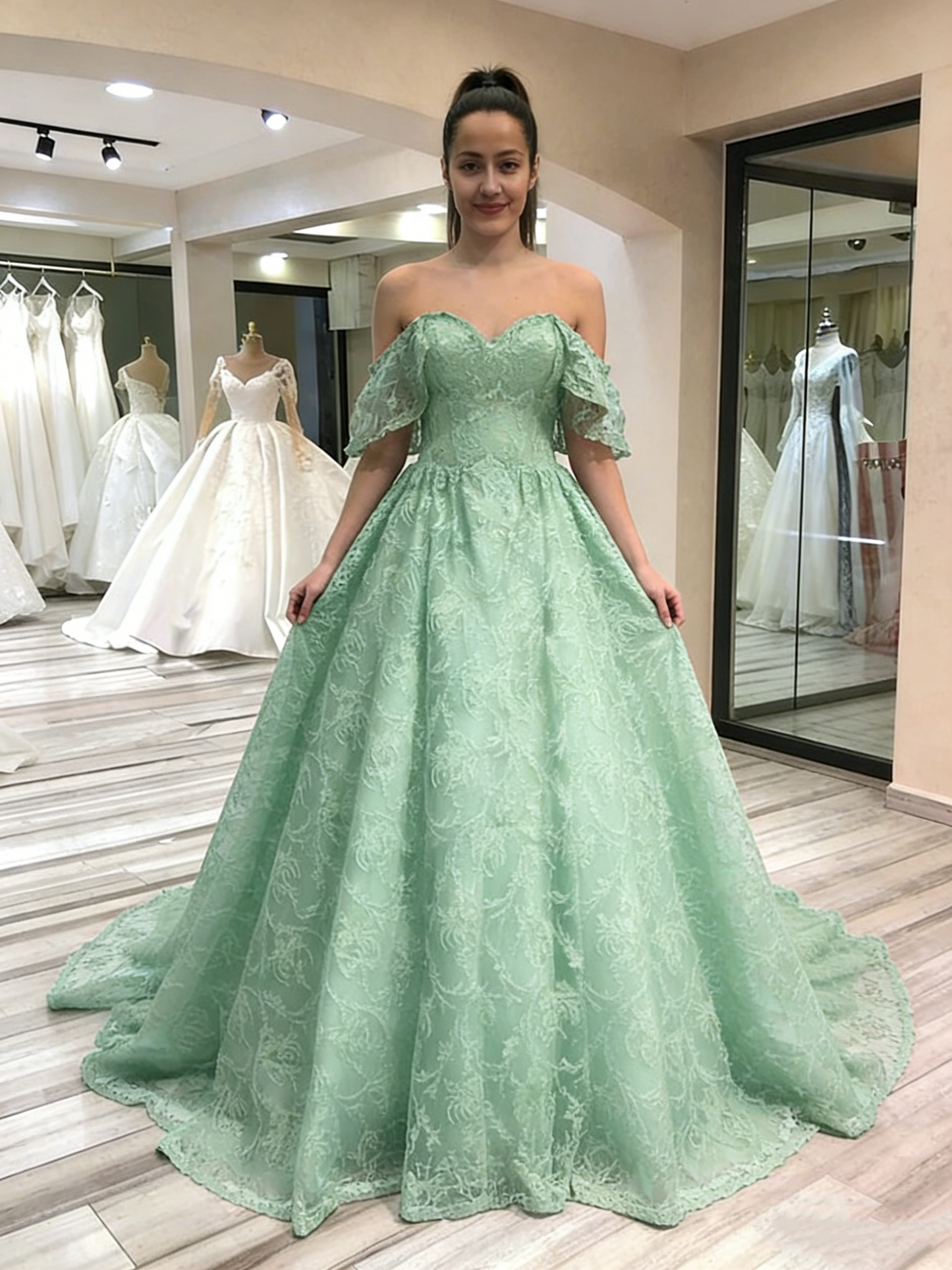 Elegant Lace Off-the-Shoulder Sweetheart Ball Gown Evening Gown DS3037