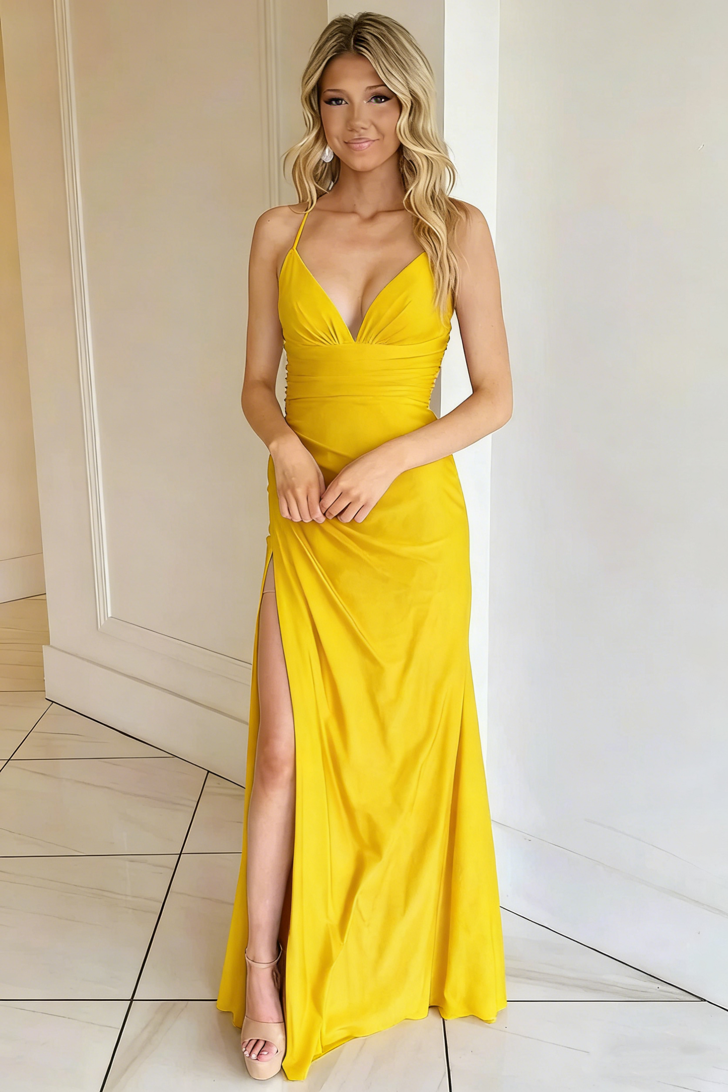 Elegant V-Neck Satin Mermaid Prom Dress with Slit Formal Evening Gown for Wedding Guest DP1290