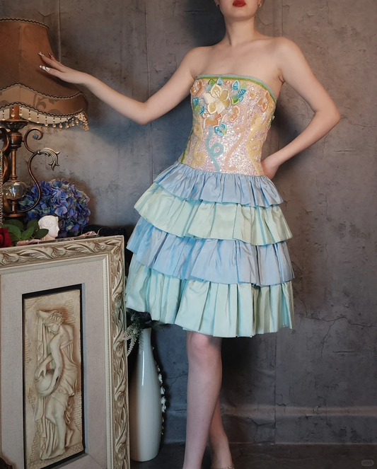 Retro Colorful Strapless Floral Design A-line Short Tiered Homecoming Dress  DP6059