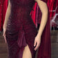 Chic Burgundy Sequin Off-the-Shoulder Evening Gown with High Slit & Cape DP7868