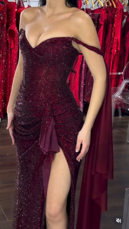 Chic Burgundy Sequin Off-the-Shoulder Evening Gown with High Slit & Cape DP7868