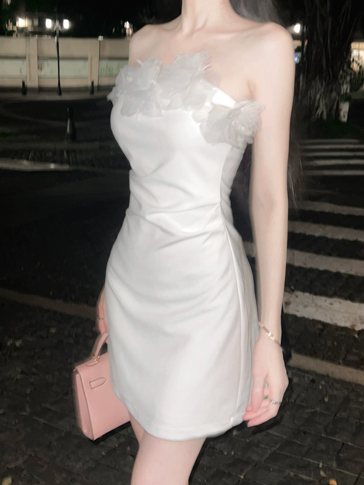 Elegant White Strapless Satin 3D Floral Ruched Bodycon Homecoming Dress DP8810