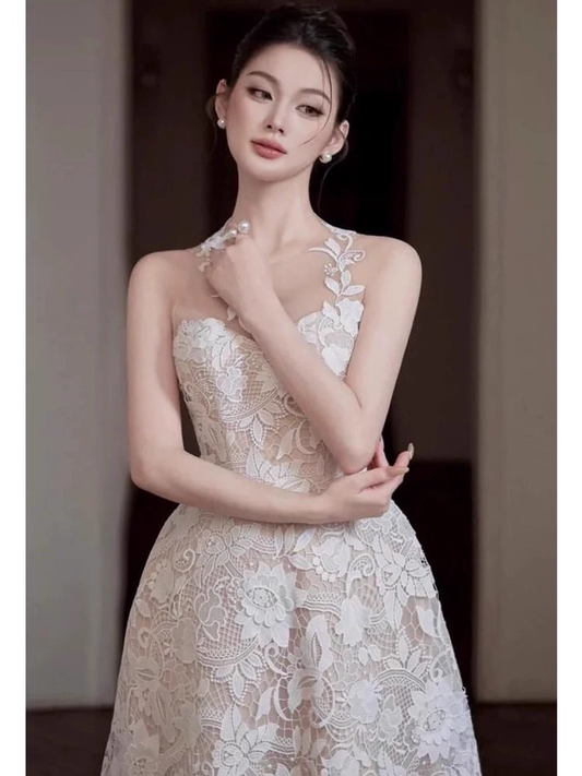 Robe de bal vintage blanche en dentelle avec appliques, robe de soirée fourreau longue, robe de soirée formelle, DP6616