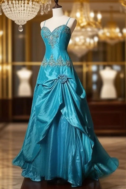 Vintage Turquoise Spaghetti Strap Beaded Embroidery Sweetheart Layered Taffeta Evening Gown DP7135