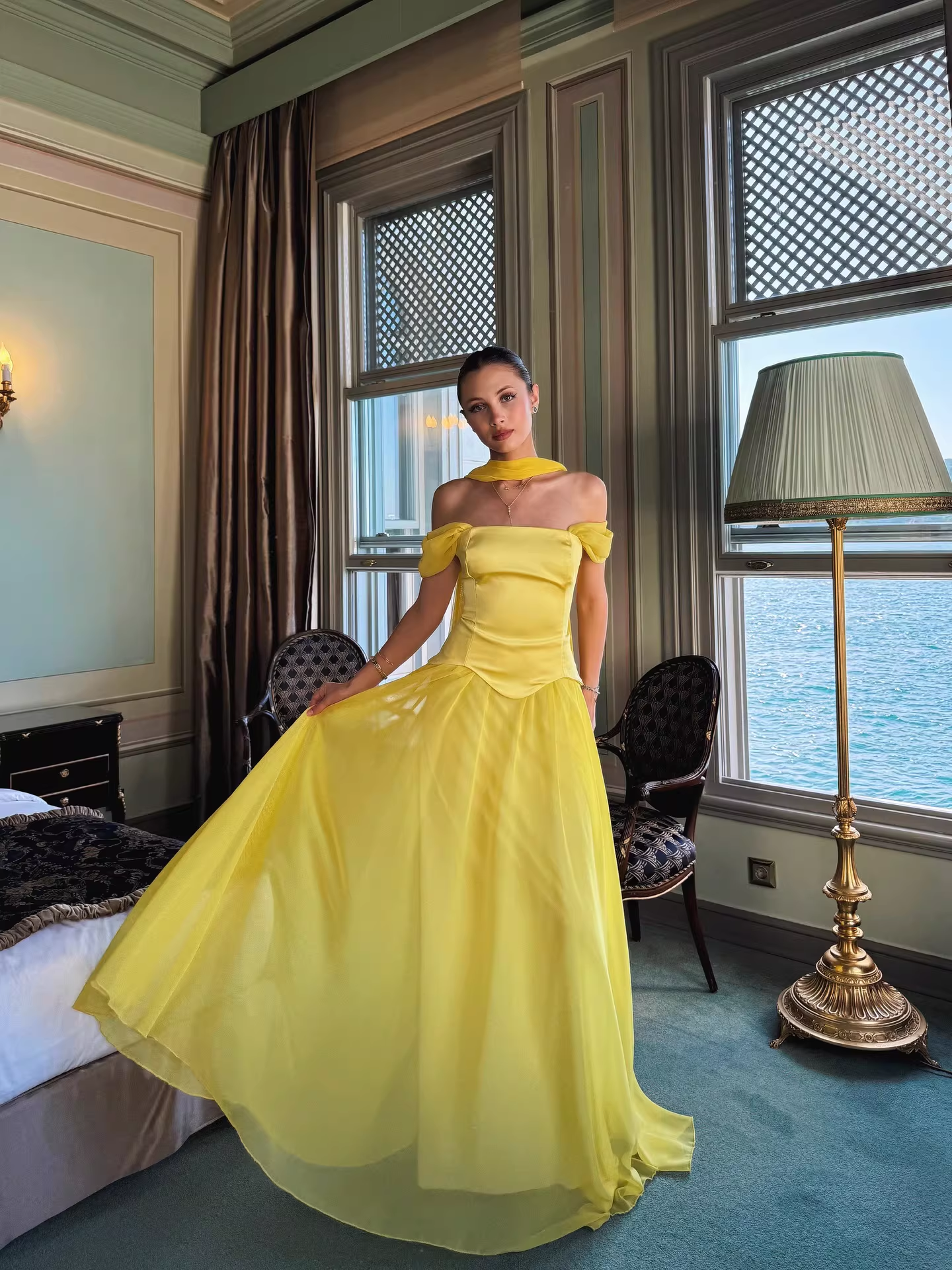 Vintage Off-the-Shoulder Satin & Chiffon Prom Dress Draped Neck Scarf Evening Gown DP8144