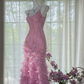 Vintage Shiny Sequin Hot Pink Spaghetti Strap Mermaid Chiffon Prom Dress Evening Dress DP6364