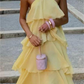Elegant Pink Halter-Neck Tiered Ruffle Chiffon Prom Dress DP8453