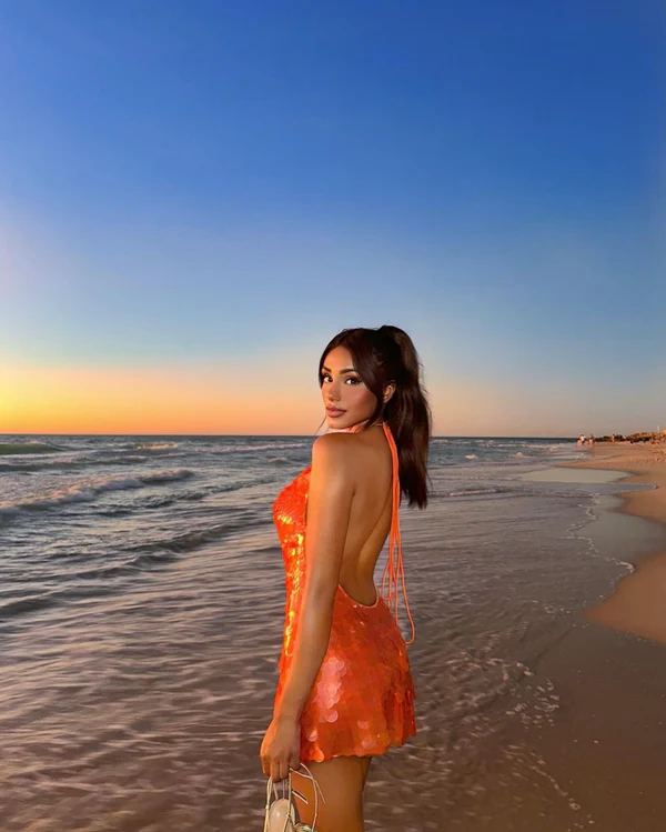 Orange Sequins Evening Dress Halter Backless Homecoming Dress, DP2304