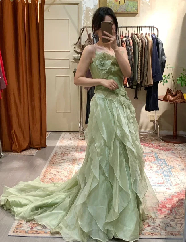 Elegant Sage Green Spaghetti Strap Mermaid 3D Floral Applique Ruffled Organza Evening Gown DP8820