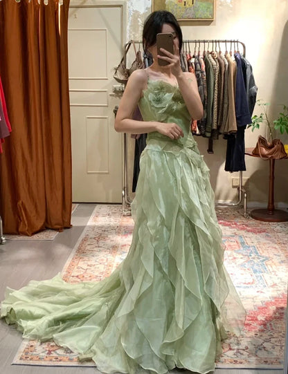 Elegant Sage Green Spaghetti Strap Mermaid 3D Floral Applique Ruffled Organza Evening Gown DP8820