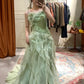 Elegant Sage Green Spaghetti Strap Mermaid 3D Floral Applique Ruffled Organza Evening Gown DP8820