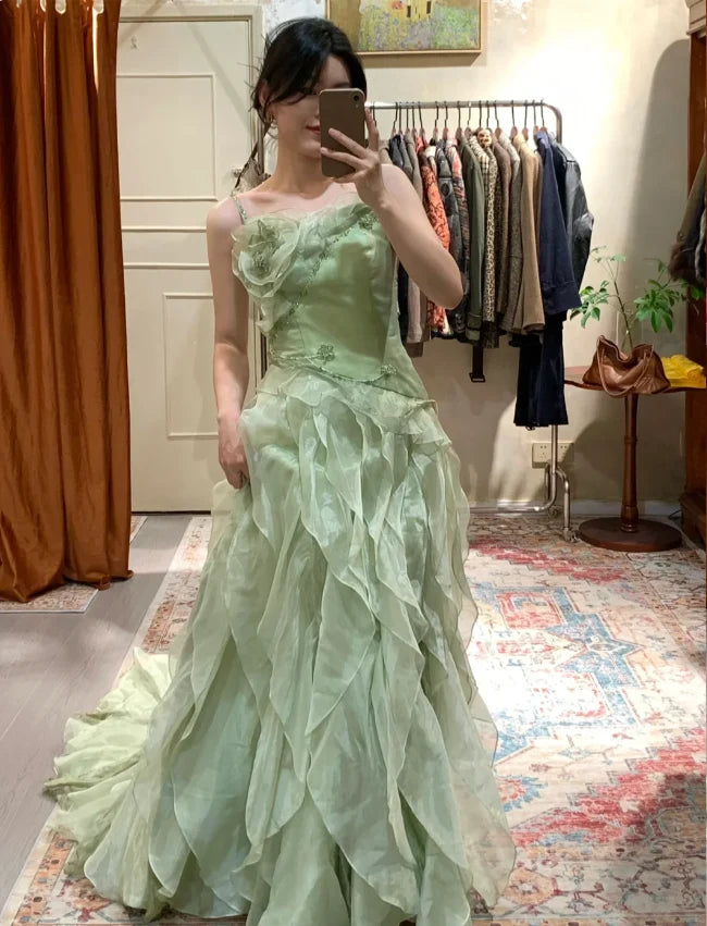Elegant Sage Green Spaghetti Strap Mermaid 3D Floral Applique Ruffled Organza Evening Gown DP8820