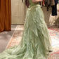 Elegant Sage Green Spaghetti Strap Mermaid 3D Floral Applique Ruffled Organza Evening Gown DP8820