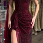 Chic Burgundy Sequin Off-the-Shoulder Evening Gown with High Slit & Cape DP7868