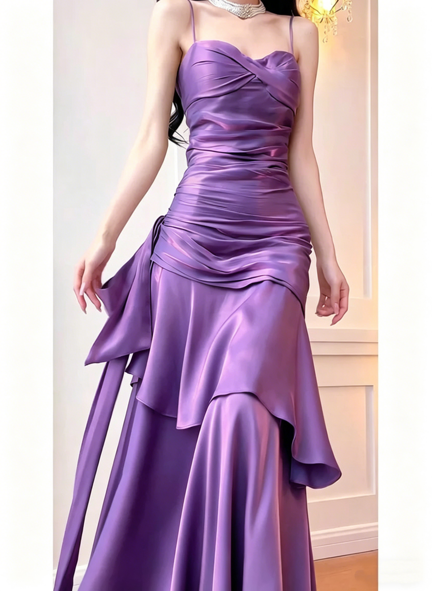 Gorgeous Spaghetti Strap Ruched Satin Mermaid Evening Gown Ruffle Formal Prom Dress DP2931